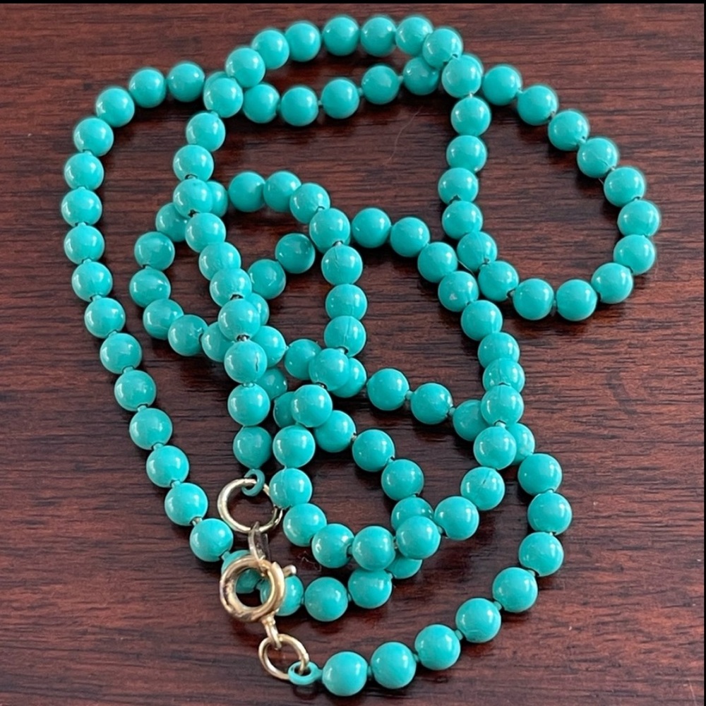 Turquoise blue enameled brass bead 26 inch necklace - Picture 3 of 6